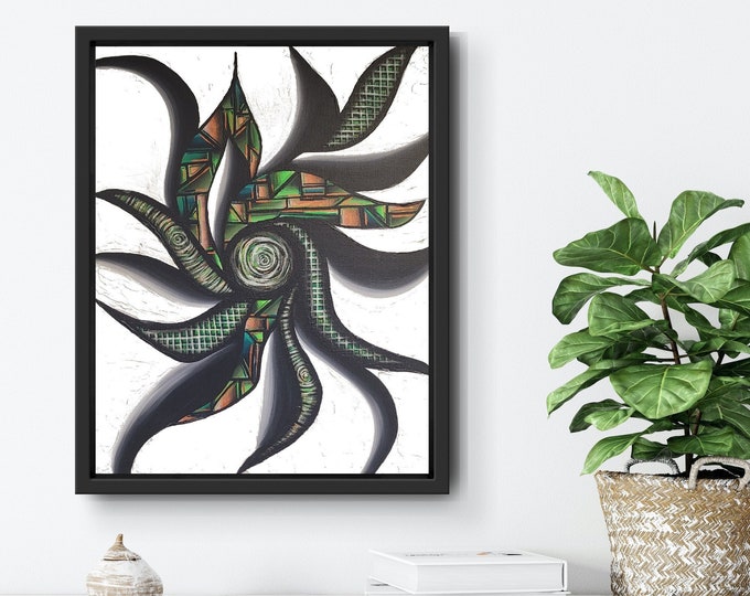 Green Explosion- Original Hand painted Art Deco and Sinewy Design, colorful acrylic painting on 20x16 Inch Canvas Float Frame Included