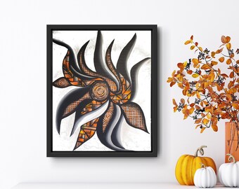 Orange Explosion- Original Hand painted Art Deco and Sinewy Design, colorful acrylic painting on 20x16 Inch Canvas Float Frame Included