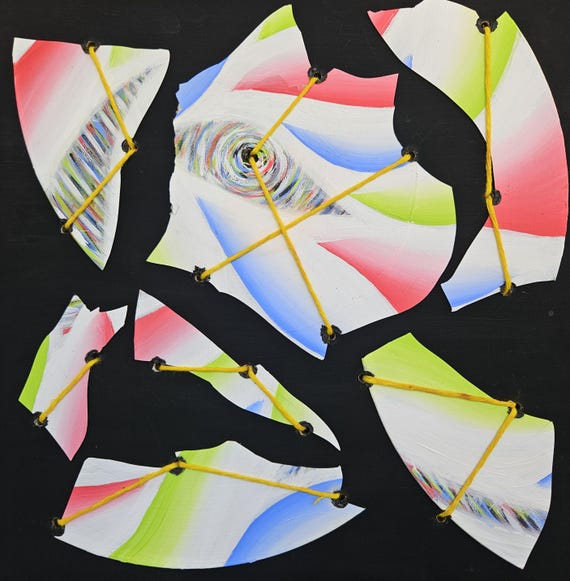 Original Hand-Painted Abstract "Broken Records" on 12x12 Inch Wood Panel – Upcycled Vinyl Albums & UV Activated Art by Bex Nikols
