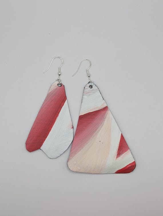 Hand-Painted Upcycled Vinyl Record Earrings: Abstract Red Gradient Art, Silver Hooks