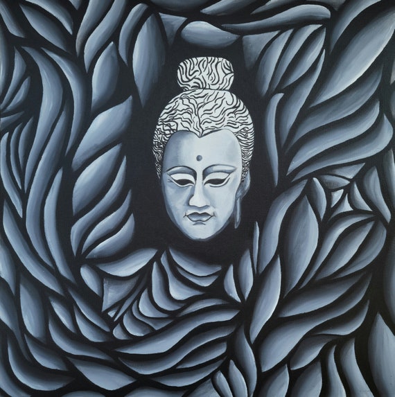 Buddha- Original Abstract Painting Acrylic Modern Wall Art Canvas Black White Contemporary Home decor Buddhist Meditative Maximalist Statue