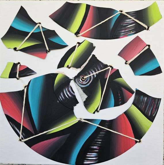 Original Hand-Painted Abstract "Broken Records" on 12x12 Inch Wood Panel – Upcycled Vinyl Albums & UV Activated Art by Bex Nikols