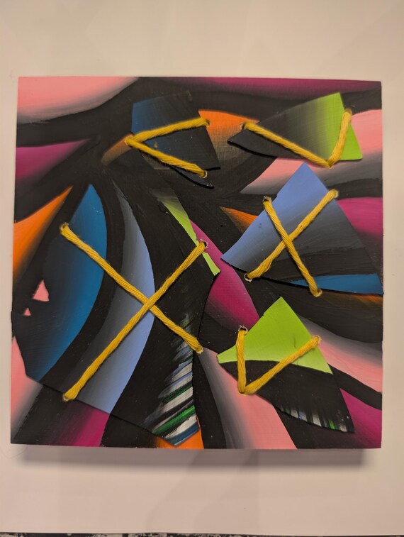 Upcycled Vinyl Record Art: Abstract Acrylic Painting on Wood Panel