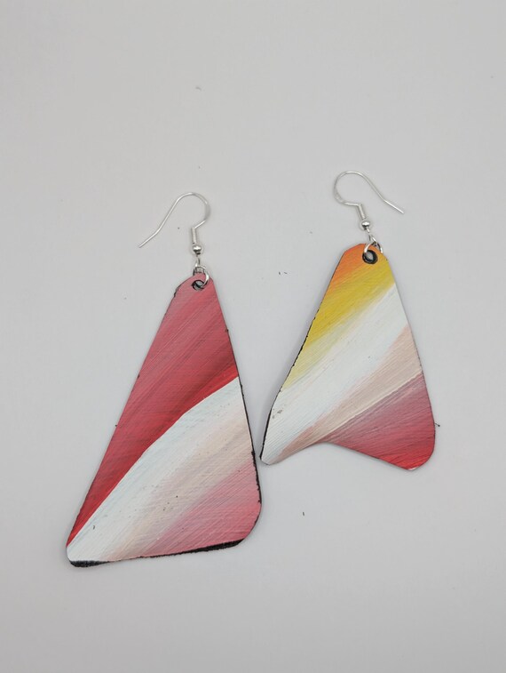 Hand-Painted Upcycled Vinyl Record Earrings: Abstract Red Gradient Art, Silver Hooks