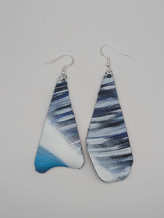 Hand-Painted Upcycled Vinyl Record Earrings: Abstract Blue Gradient Art