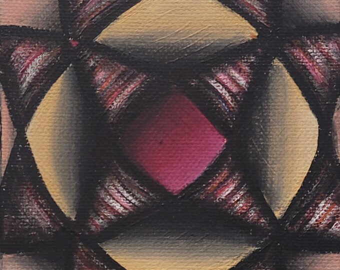 Original Hand Painted Colorful Art Deco Painting on 4x4 Inch Canvas Beige and Magenta