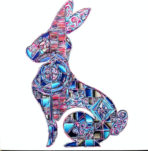 Lunar New Year Wood Rabbit Art: Silver Leaf Acrylic Embellished Giclee Print (24x24)