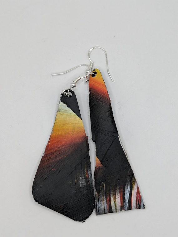Handmade Painted Upcycled Vinyl Record Album Earrings Abstract Art Silver Hook