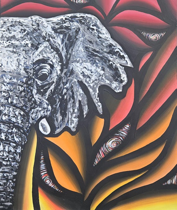 Black and White Elephant with Sinewy Yellow, Red, and Orange Background - Maximalist Abstract Expressionist Acrylic Painting by Bex Nikols