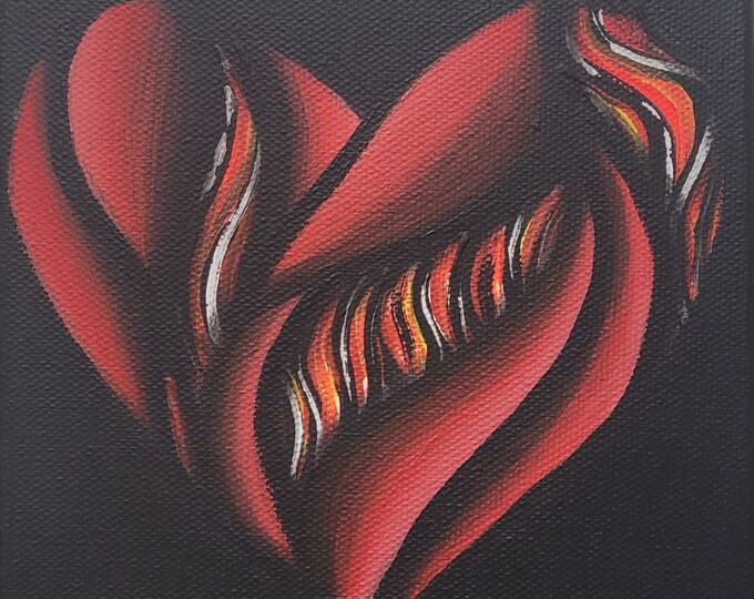 Original Hand Painted Colorful Abstract Red Heart Design UV Activated 6x6 Inch Acrylic Painting
