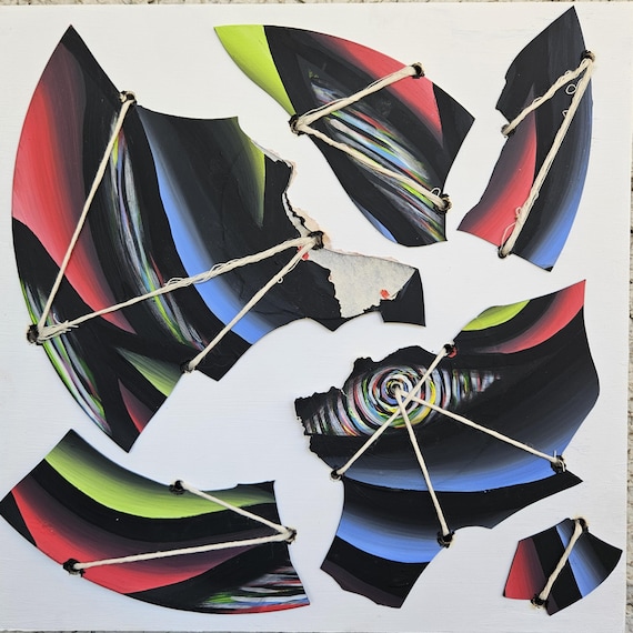 Original Hand-Painted Abstract "Broken Records" on 12x12 Inch Wood Panel – Upcycled Vinyl Albums & UV Activated Art by Bex Nikols