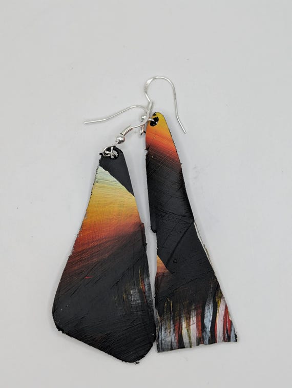 Hand-Painted Upcycled Vinyl Record Earrings: Abstract Sunset Art, Silver Hooks