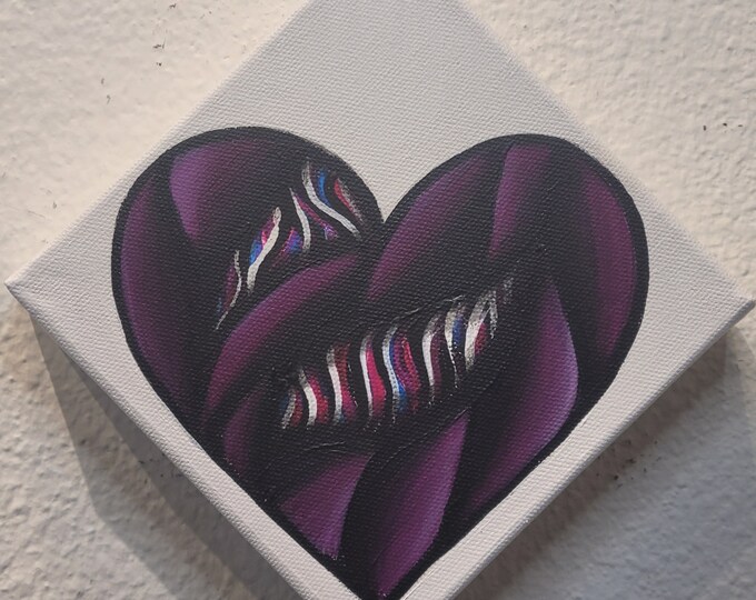 Original Hand Painted Colorful Abstract Plum Heart Design UV Activated 6x6 Inch Acrylic Painting