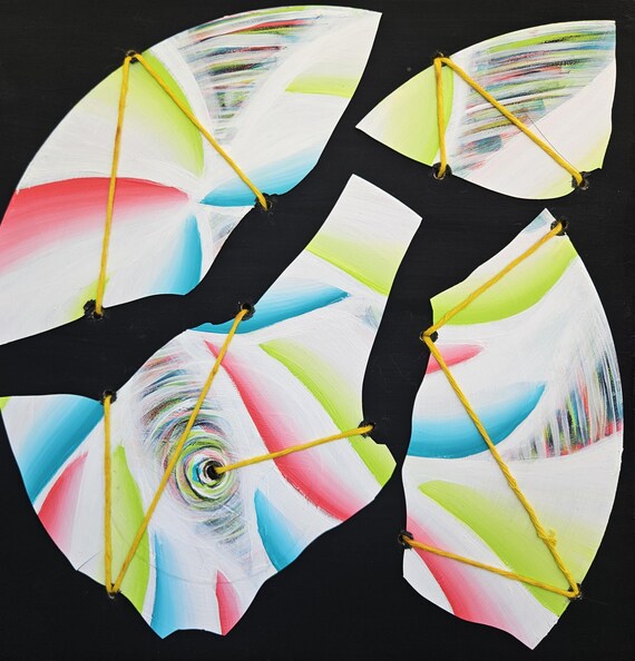 Original Hand-Painted Abstract "Broken Records" on 12x12 Inch Wood Panel – Upcycled Vinyl Albums & UV Activated Art by Bex Nikols
