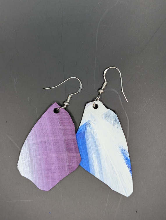 Hand-Painted Upcycled Vinyl Record Earrings: Abstract Art, Silver Hooks