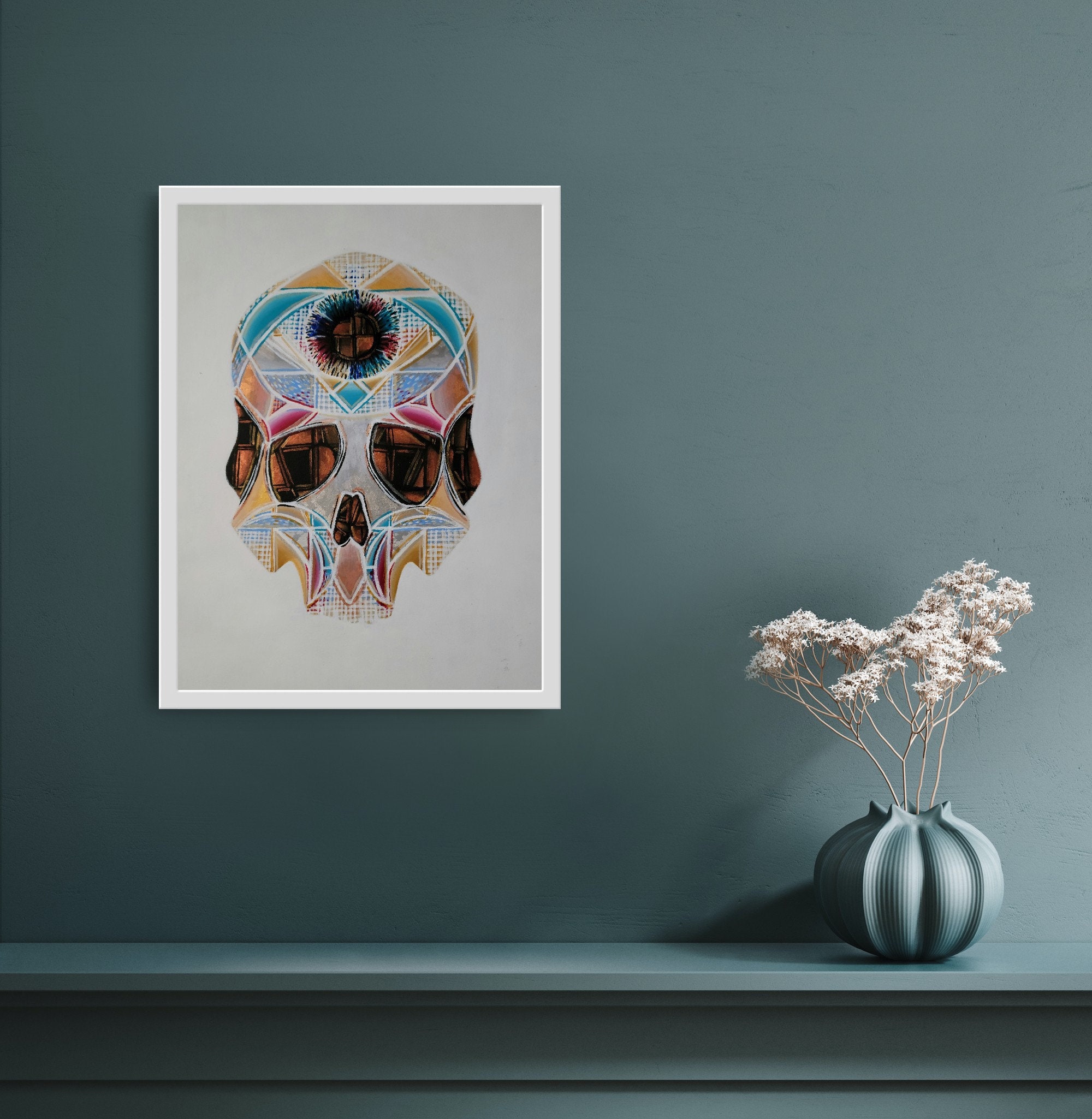 Art Deco Skull colorful acrylic painting on 14x17 inch paper