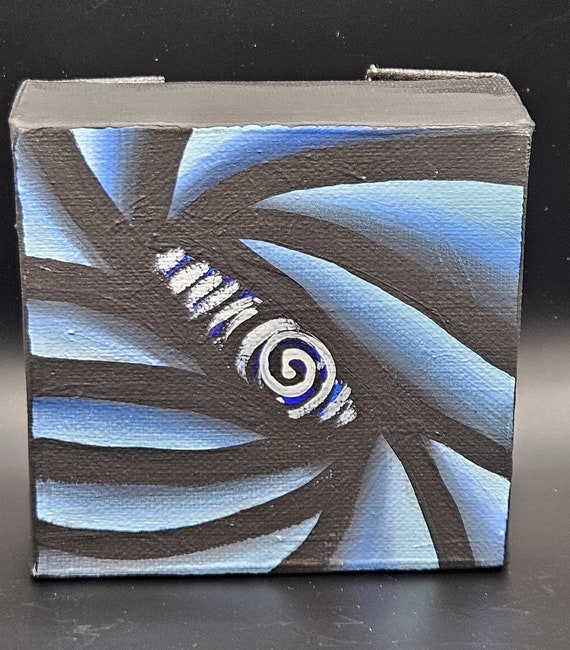 Original Hand Painted Colorful Abstract Free Flow Painting UV Activated on 4x4 Inch Canvas Florescent Purple with Green