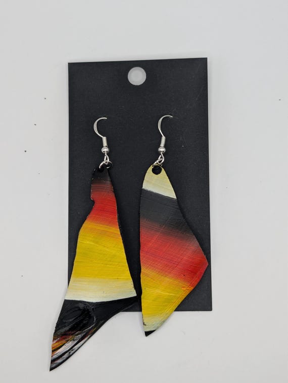 Handmade Painted Upcycled Vinyl Record Album Earrings Abstract Art Silver Hook