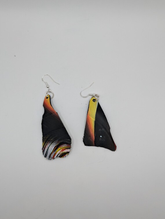 Hand-Painted Upcycled Vinyl Record Earrings: Abstract Art, Silver Hooks