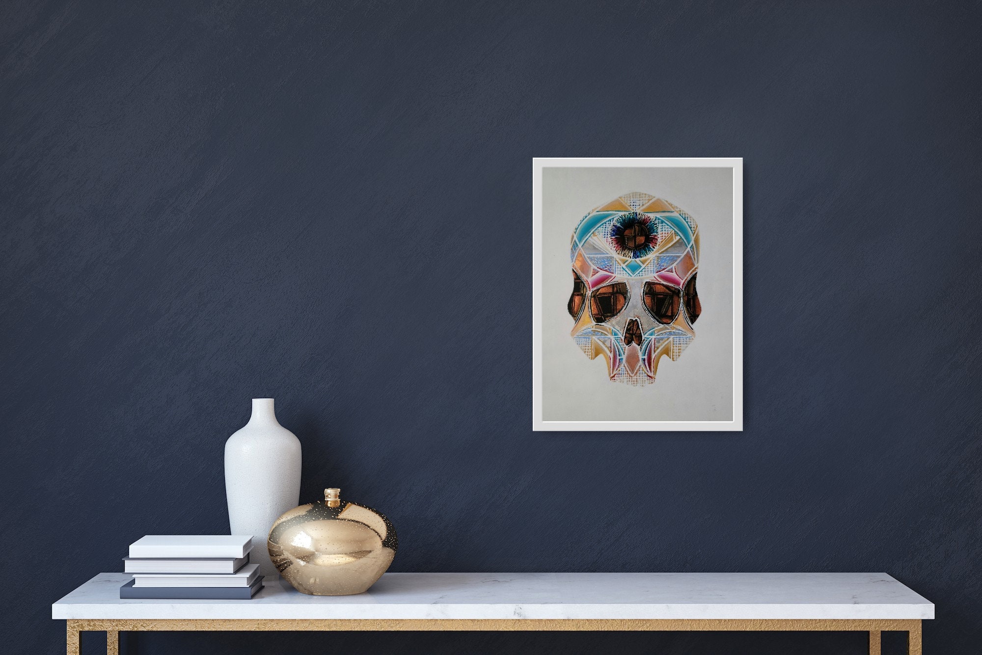 Art Deco Skull colorful acrylic painting on 14x17 inch paper