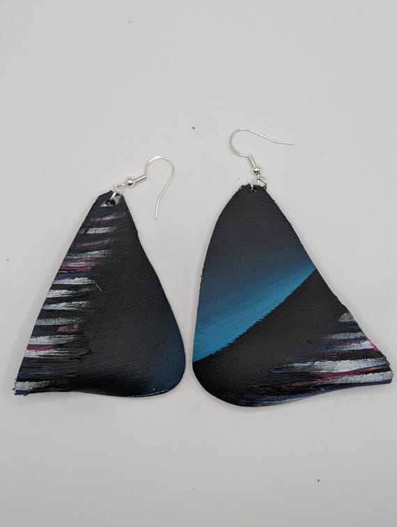 Hand-Painted Upcycled Vinyl Record Earrings: Abstract Art, Silver Hooks
