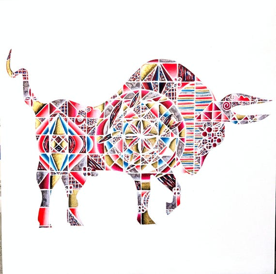 Lunar New Year Metal Ox Art: Gold Leaf Acrylic Embellished Giclee Print (24x24)
