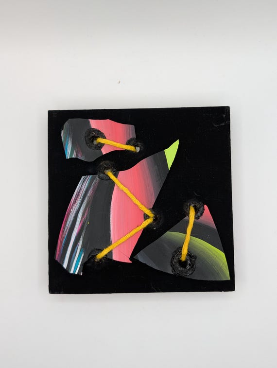 Upcycled Vinyl Record Art: Hand-Painted Abstract on Wood Panel (4x4 Inch)