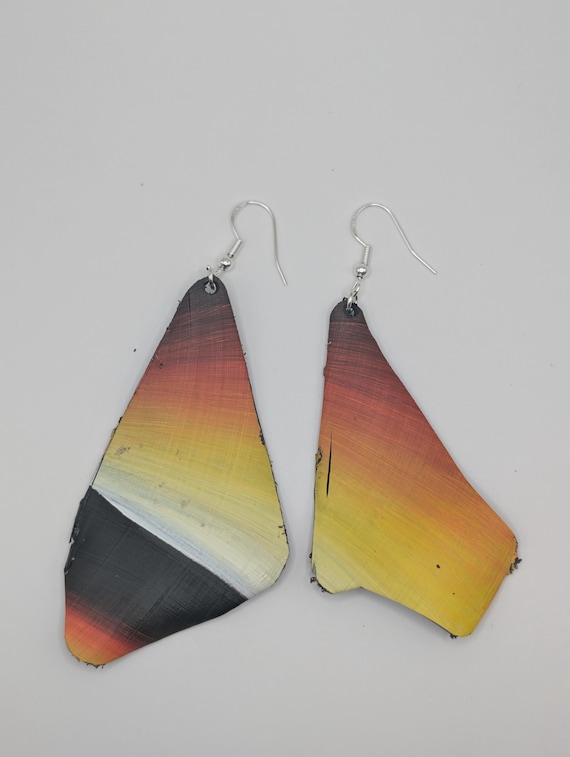 Hand-Painted Upcycled Vinyl Record Earrings: Abstract Sunset Art, Silver Hooks