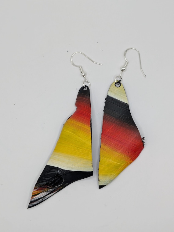 Hand-Painted Upcycled Vinyl Record Earrings: Abstract Sunset Art, Silver Hooks