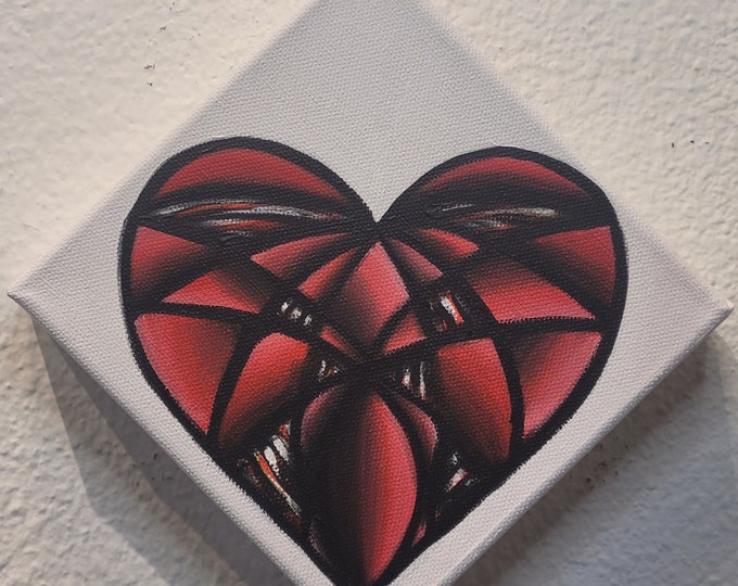 Original Hand Painted Colorful Abstract Art Deco Red Heart Design UV Activated 6x6 Inch Acrylic Painting