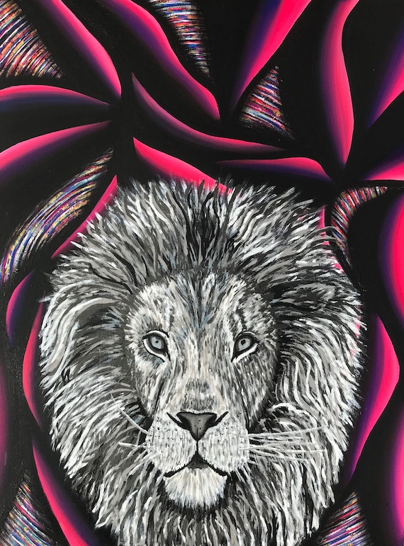 King Of the Neon Jungle- Original Abstract Painting Acrylic Modern Wall Art 18x24 Inch Wood Panel Hot Pink Art Contemporary Home Decor Lion