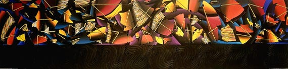 Original Hand-Painted Abstract "Broken Records" 12x48 Inch Wood Panel, Upcycled Vinyl Albums & UV Activated Art