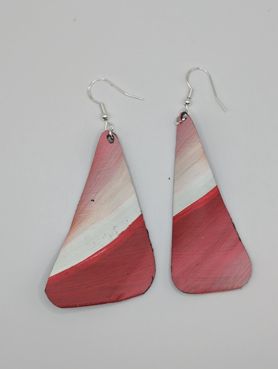 Hand-Painted Upcycled Vinyl Record Earrings: Abstract Red Gradient Art, Silver Hooks