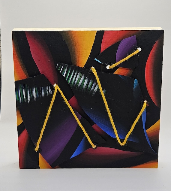 Original Hand Painted Abstract Broken Records On 6x6 Inch Wood Panel Upcycled Vinyl Albums UV Activated