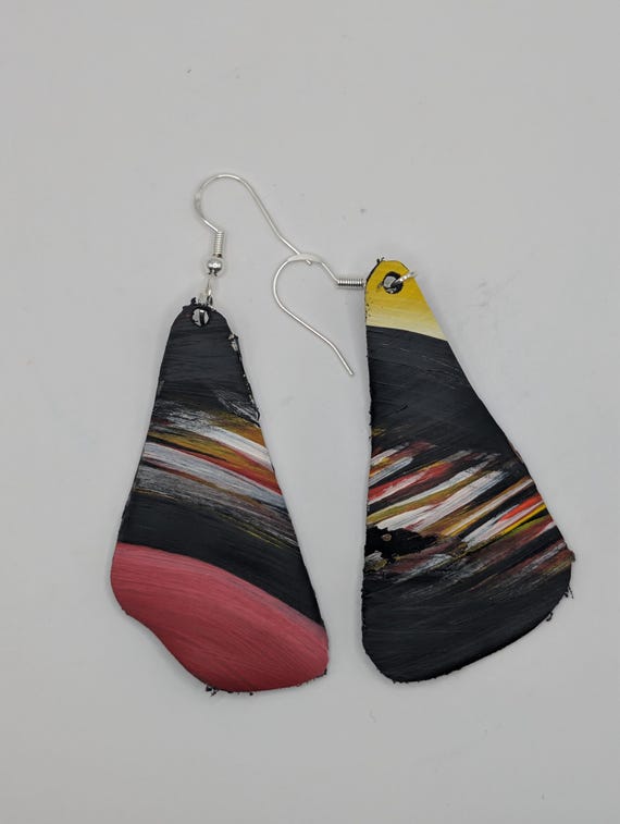 Hand-Painted Upcycled Vinyl Record Earrings: Abstract Art, Silver Hooks