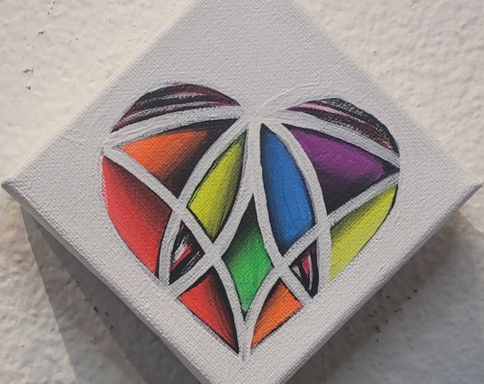 Original Hand Painted Colorful Art Deco Pop Art Heart Design UV Activated 4x4 Inch Acrylic Painting
