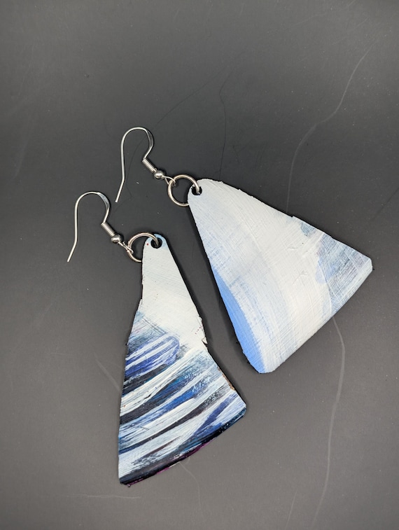 Handmade Painted Upcycled Vinyl Record Album Earrings Abstract Art Silver Hook
