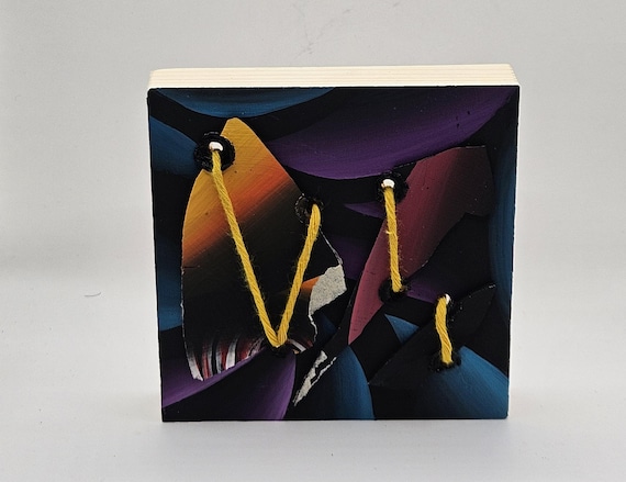 Original Hand Painted Abstract Broken Records On 4x4 Inch Wood Panel Upcycled Vinyl Albums UV Activated