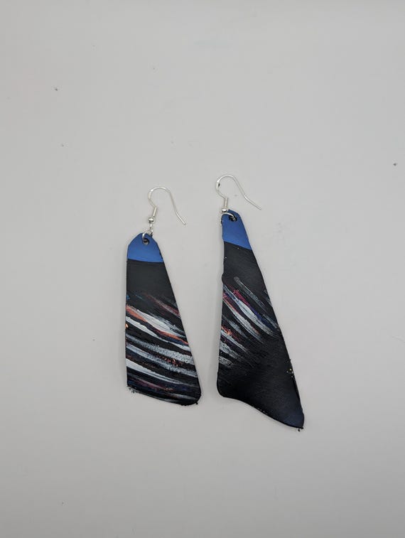 Hand-Painted Upcycled Vinyl Record Earrings: Abstract Blue Black Art, Silver Hooks