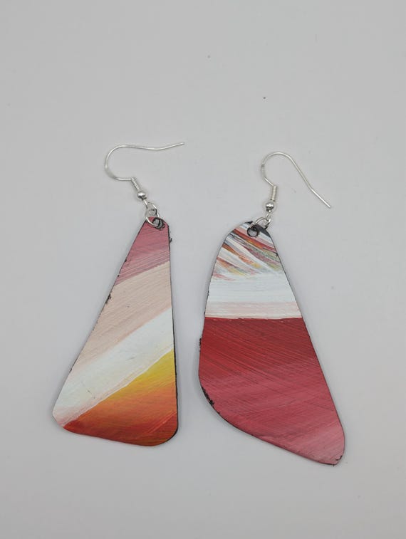 Hand-Painted Upcycled Vinyl Record Earrings: Abstract Red Gradient Art, Silver Hooks