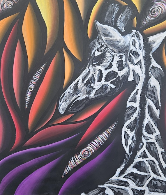 Black and White Giraffe with Sinewy Purple, Red, and Orange Background - Maximalist Abstract Expressionist Acrylic Painting by Bex Nikols