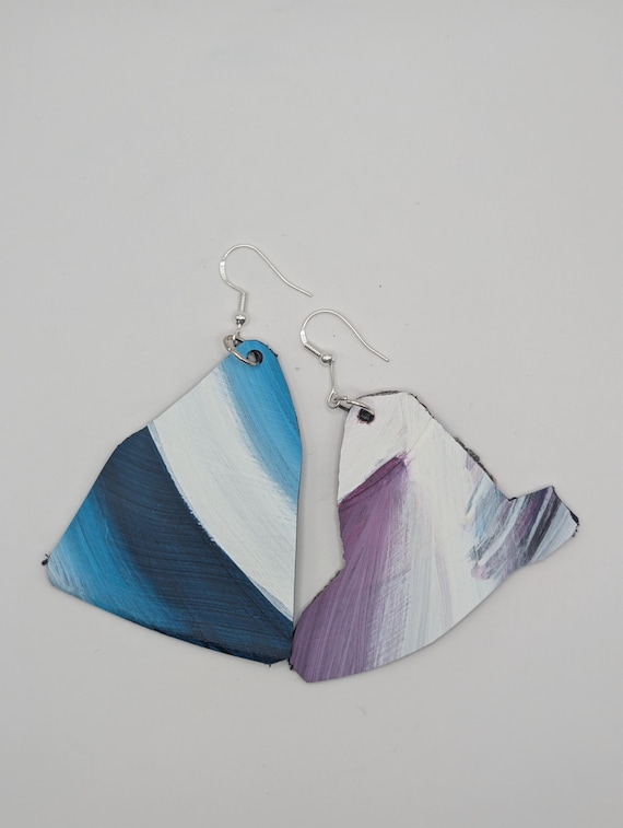 Handmade Painted Upcycled Vinyl Record Album Earrings Abstract Art Silver Hook