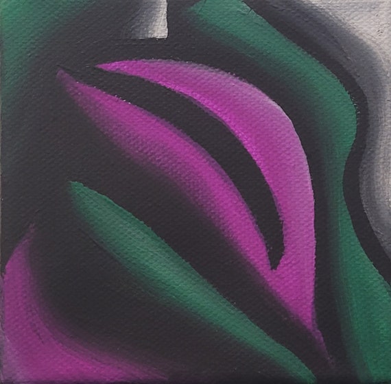 Original Hand Painted Colorful Abstract Free Flow Painting UV Activated on 4x4 Inch Canvas Florescent Purple with Green