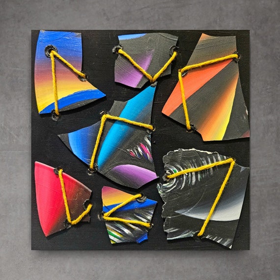 Original Hand Painted Abstract Broken Records On 8x8 Inch Wood Panel Upcycled Vinyl Albums UV Activated