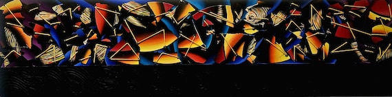 Original Hand-Painted Abstract "Broken Records" 12x48 Inch Wood Panel, Upcycled Vinyl Albums & UV Activated Art