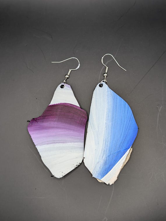 Hand-Painted Upcycled Vinyl Record Earrings: Abstract Blue Purple Gradient Art
