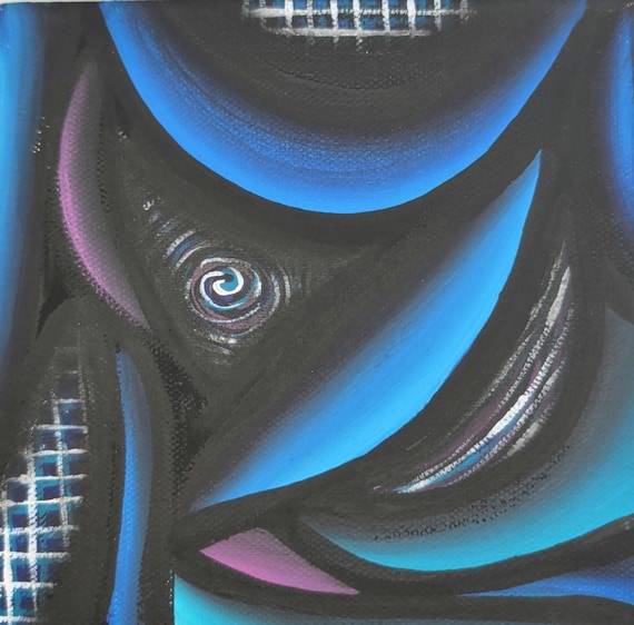 Abstract Expressionist Acrylic Painting: Blue Crescent on 6x6 Canvas