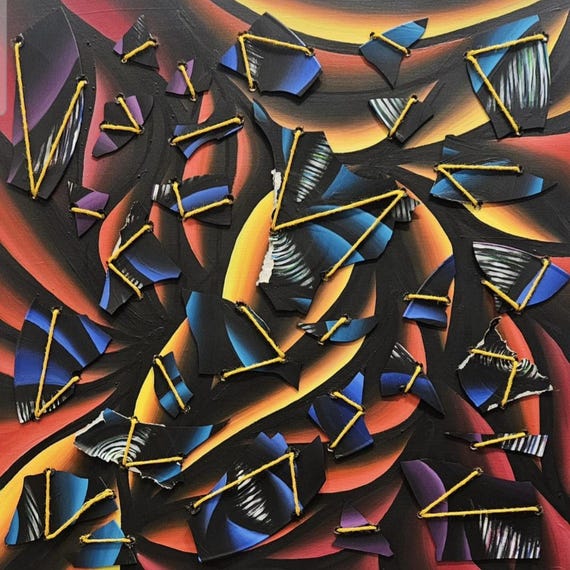 Original Hand-Painted Abstract "Broken Records" on 20x20 Inch Wood Panel – Upcycled Vinyl Albums Original Fine Art by Bex Nikols