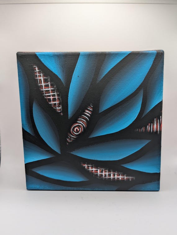 Colorful Sinewy Abstract Expressionist Design Teal Sinewy Original Mini Painting on 6x6 Inch Canvas