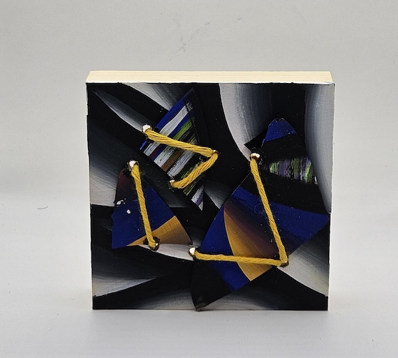 Original Hand Painted Abstract Broken Records On 4x4 Inch Wood Panel Upcycled Vinyl Albums UV Activated